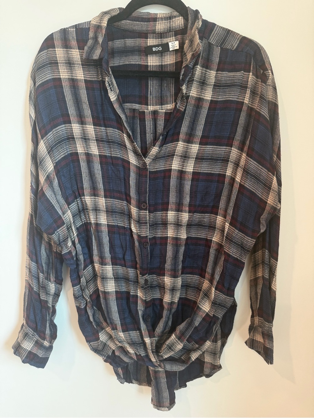 BDG Navy and Cream Plaid in Button-Front Tie-Hem Top